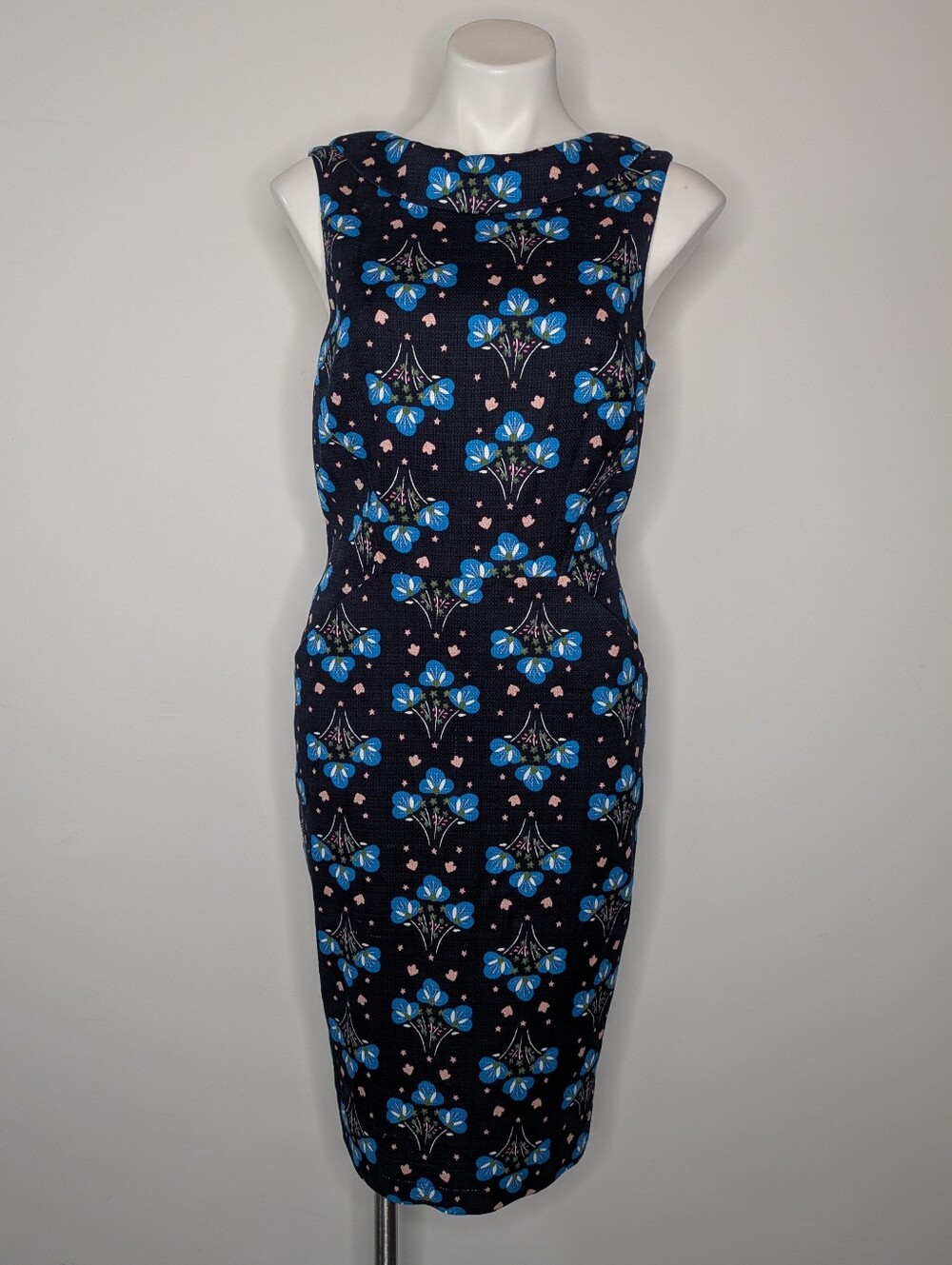 NWT Boden Blue Pink Floral Woven Cotton Blend Sleeveless Pencil Dress 8